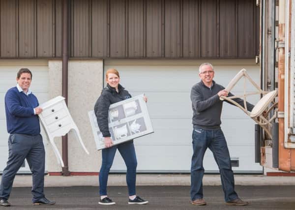 Cala Homes is donating its showhome furniture to the Fresh Start homeless charity, and Clare McLoughlin of the housing group met with Keith Robertson and Stewart Ferguson of Fresh Start when they arrived to select items.