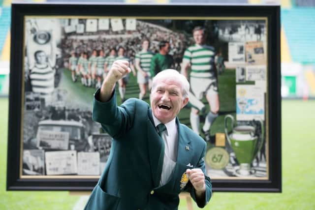 Lisbon Lion Bertie Auld shows his joy to commemorate Celtic Football Club's 50th anniversary of their historic win. Pic: SNS/Ross Brownlee