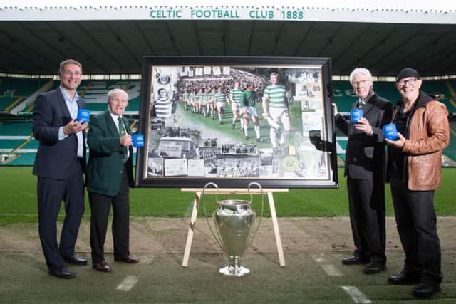(From left to right) Mary's Meals founder Magnus MacFarlane, Bertie Auld, Jim Craig and artist Gerard M Burns are on hand as the Lisbon Lions are presented with a painting to commemorate the 50th anniversary of their historic 1967 European Cup final win. Pic: SNS/Ross Brownlee