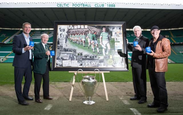 (From left to right) Mary's Meals founder Magnus MacFarlane, Bertie Auld, Jim Craig and artist Gerard M Burns are on hand as the Lisbon Lions are presented with a painting to commemorate the 50th anniversary of their historic 1967 European Cup final win. Pic: SNS/Ross Brownlee