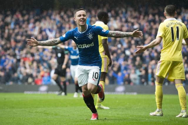 Barrie McKay celebrates his winning goal against Hearts. Pic: SNS/Craig Williamson