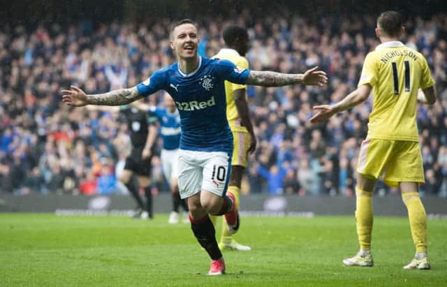Barrie McKay celebrates his winning goal against Hearts. Pic: SNS/Craig Williamson