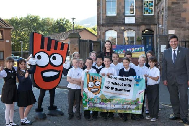 Living Streets mascot Strider helping to launch International Walk to School Month at Abbeyhill Primary in Edinburgh in 2015. Picture: Living Streets