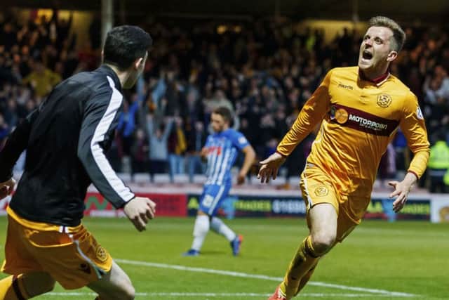 Motherwell's Elliot Frear celebrates his goal to make it 3-1 against Kilmarnock. Picture: Roddy Scott/SNS