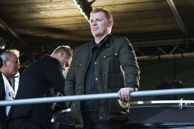 Hibernian manager Neil Lennon in the BT Sport gantry. Pic: SNS/Ross Parker