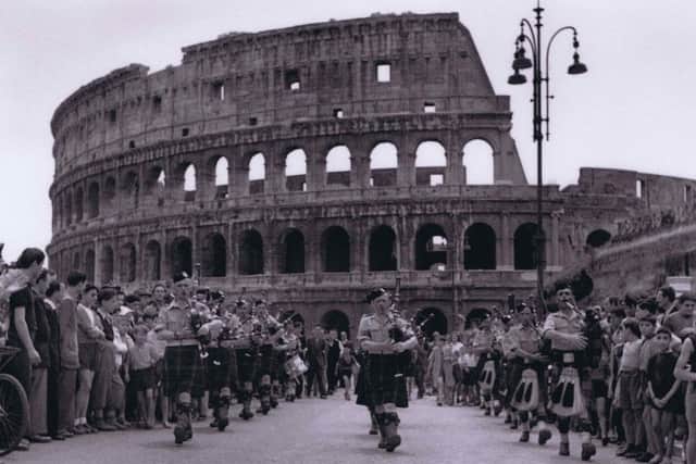 Pipers from the 6th Battalion of the Gordon Highlanders play at the Colosseum in Rome in June 1944. PIC: Gordon Highlanders Museum.