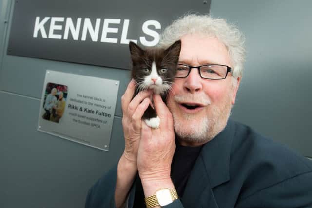 Tony Roper, with Mac, opens the refurbished Glasgow rescue and re-homing centre dedicated to Rikki and Kate Fulton. Picture: Peter Devlin