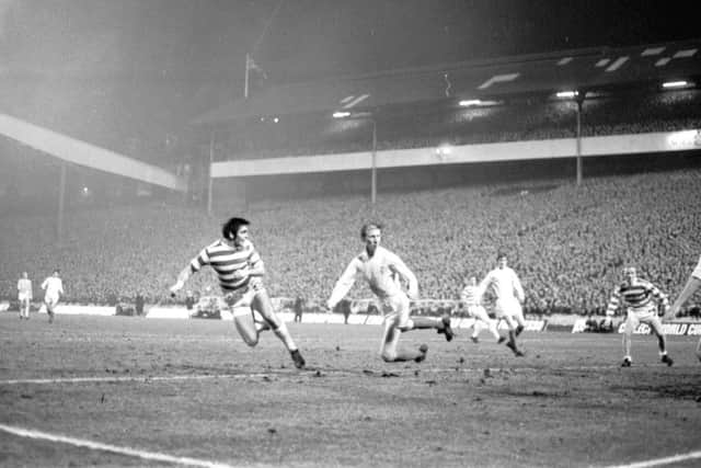 Celtic v Leeds in the semi-final of the European Cup at Hampden in April 1970 - John Hughes beats Jackie Charlton. The attendance of 136,505 remains a record for the competition. Picture: TSPL