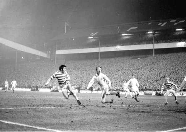 Celtic v Leeds in the semi-final of the European Cup at Hampden in April 1970 - John Hughes beats Jackie Charlton. The attendance of 136,505 remains a record for the competition. Picture: TSPL