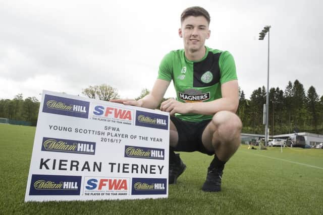 Kieran Tierney has been named Scottish Footbal Writers' Young Player of The Year for the second year in succession.