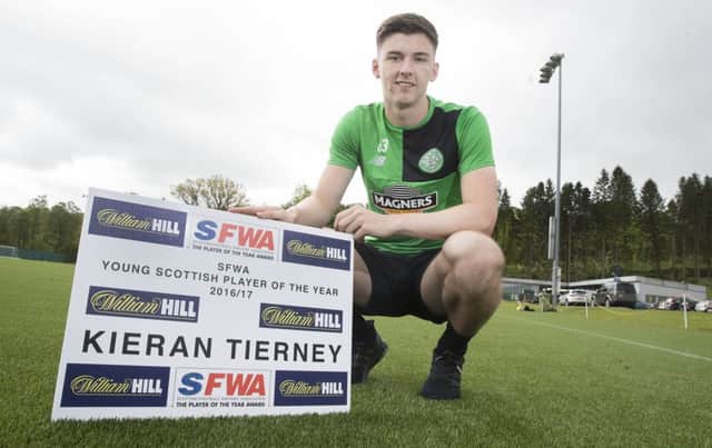 Kieran Tierney has been named Scottish Footbal Writers' Young Player of The Year for the second year in succession.