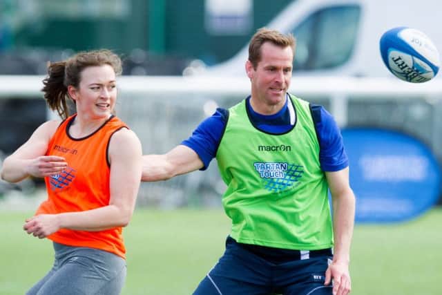 Former Scotland player Chris Paterson enjoys the action at the launch of Tartan Touch at Murrayfield. Picture: SNS/SRU