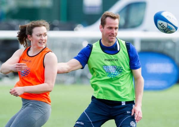 Former Scotland player Chris Paterson enjoys the action at the launch of Tartan Touch at Murrayfield. Picture: SNS/SRU
