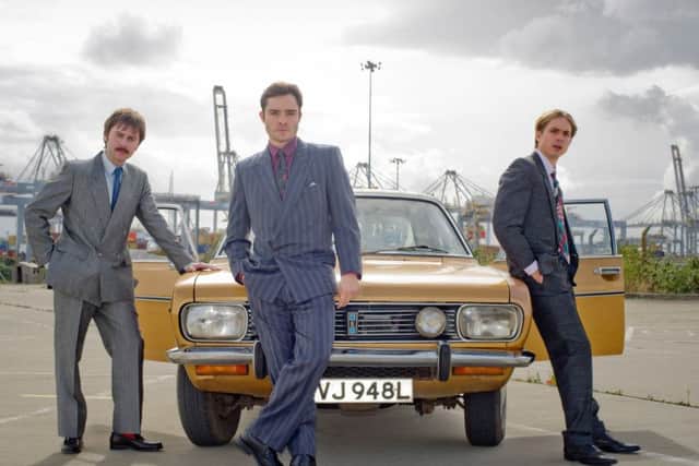 White Gold, BBC's new comedy set in the 1980s world of dodgy double glazing salesmen, stars, l-r James Buckley, Ed Westwick and Joe Thomas. Picture: Fudge Park - Nicola Dove