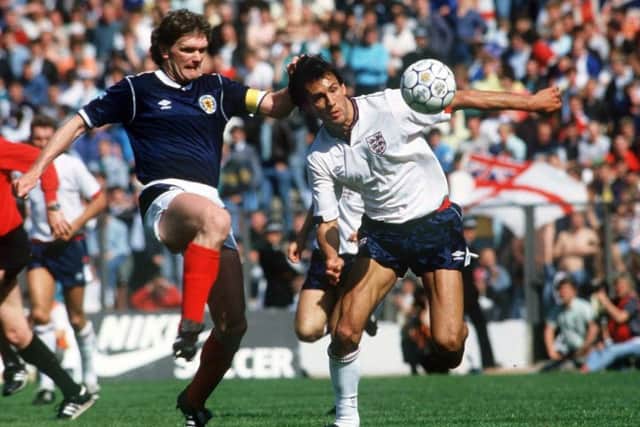 England's Mark Hateley, right, in action against Roy Aitken of Scotland at Hampden in 1987. Picture: Colorsport/REX/Shutterstock