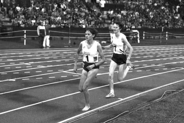 Scottish athlete Yvonne Murray chases South Africa's Zola Budd, running in bare feet, in the women's 1 mile race of the Dairy Crest Games at Meadowbank, July 1985. Picture: Alan Ledgerwood