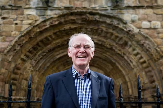Retired BBC Radio Scotland rugby commentator Bill Johnstone outside Jedburgh Abbey. Picture: John Devlin