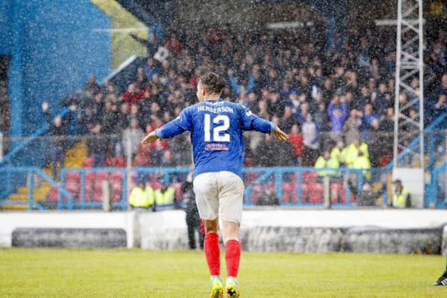 Cowdenbeath's Liam Henderson celebrates the winning penalty to keep the club in the SPFL. Pic: SNS/Roddy Scott