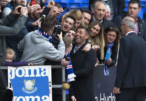 Rangers manager Pedro Caixinha with the fans at full-time. Picture: SNS