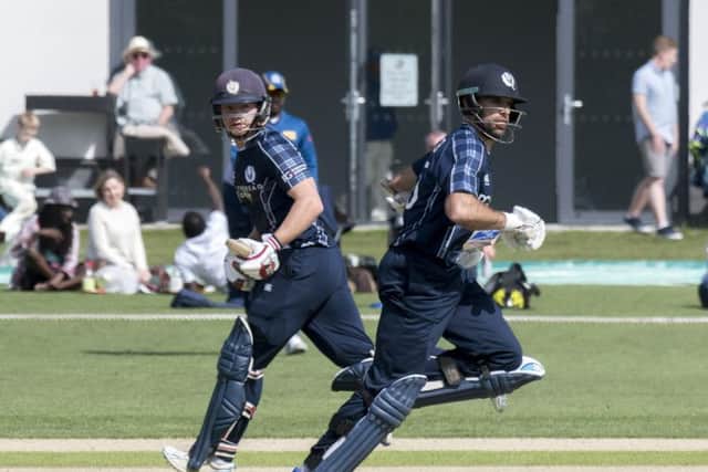 Cricket Scotland - Scotland V Sri Lanka at Kent County cricket ground at Benkenham, in the first of two matches this week, on Sunday (today) and Tuesday - picture shows Matty Cross (left) and Kyle Coetzer making runs - the opening pair both put on 50â¬"s by the 20th over - picture by Donald MacLeod - 21.05.2017 - 07702 319 738 - clanmacleod@btinternet.com - www.donald-macleod.com