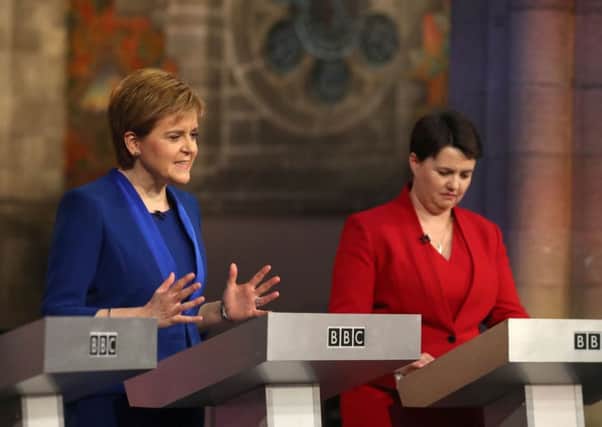 SNP leader and First Minister Nicola Sturgeon and Scottish Conservative leader Ruth Davidson taking part in the Scottish Leaders' debate at the Mansfield Traquair Centre. Picture: PA