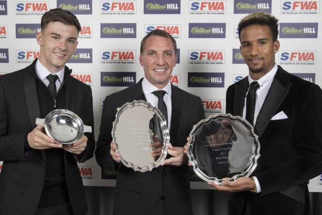 Kieran Tierney, Brendan Rodgers and  Scott Sinclair collected their Scottish Football Writers awards last night. Picture: Steve Welsh.