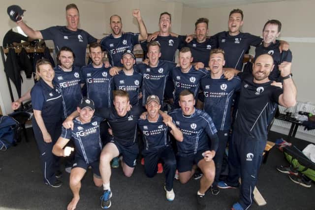 The Scotland team celebrate after defeating Sr Lanka. Picture: Donald MacLeod.