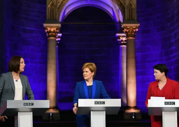 Scottish Labour leader Kezia Dugdale ,First Minister Nicola Sturgeon and Scottish Conservative leader Ruth Davidson, during BBC Scotland's live election debate. Picture: Getty/Jeff Mitchell