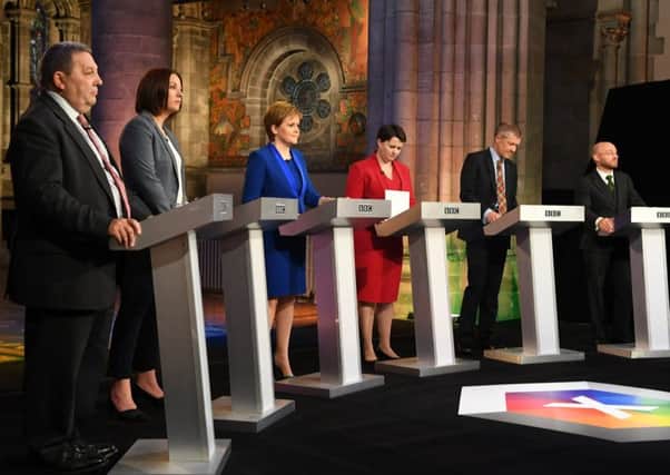 EDINBURGH, SCOTLAND - MAY 21:  (L-R) UKIP Scottish leader David Coburn, Scottish Labour leader Kezia Dugdale, Nicola Sturgeon, leader of the SNP, Scottish Conservative Party leader Ruth Davidson, Scottish Liberal Democrat leader Willie Rennie, and Scottish Green Party co-convenor Patrick Harvie MSP during BBC Scotland?s live election debate with the Scottish political party leaders at Mansfield Traquair Centre on May 21, 2017 in Edinburgh, Scotland. Britain goes to the polls on June 8 to elect a new parliament in a general election.  (Photo by Jeff J Mitchell/Getty Images)