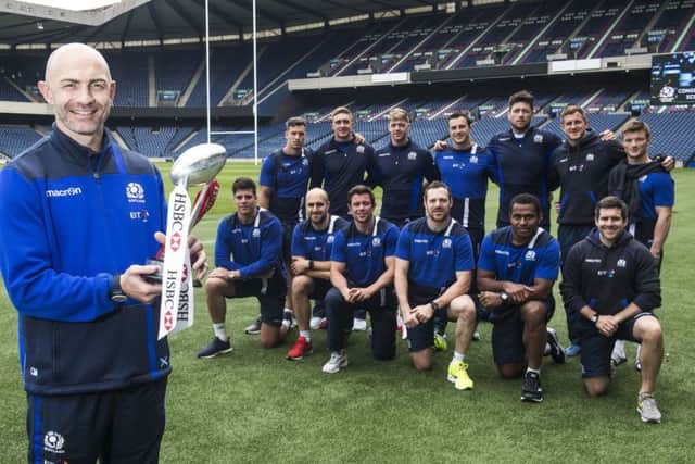 Calum MacRae and his players arrive back at Murrayfield following their victory in the London Sevens. Picture: SNS.