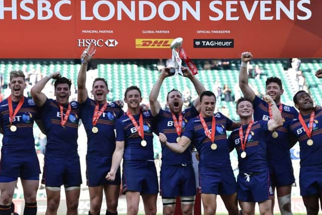 Scotland celebrate after winning the HSBC London Sevens tournament at Twickenham. Picture Charles McQuillan/Getty Images