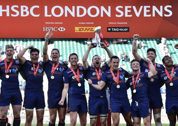Scotland celebrate after winning the HSBC London Sevens tournament at Twickenham. Picture Charles McQuillan/Getty Images