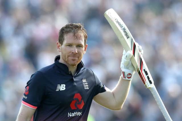 England captain Eoin Morgan acknowledges the crowd as he leaves the field after getting out for 107 in the ODI win over South Africa at Headingley. Picture: Martin Rickett/PA Wire