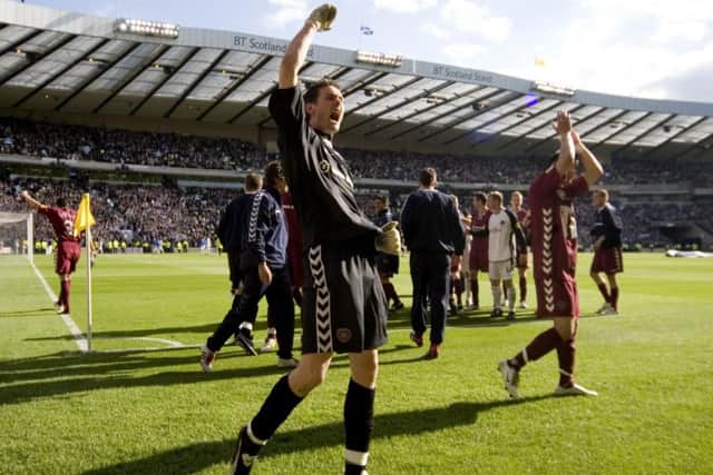Craig Gordon leads the celebrations after Hearts Scottish Cup final victory over Gretna in 2006. Picture: SNS.