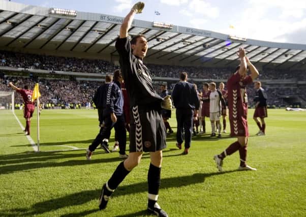 Craig Gordon leads the celebrations after Hearts Scottish Cup final victory over Gretna in 2006. Picture: SNS.