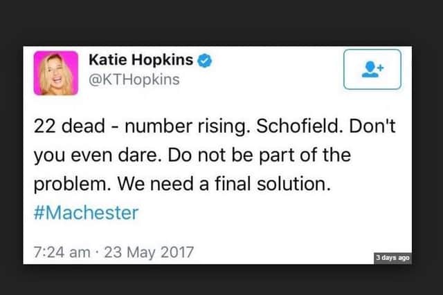 Katie Hopkins deleted her 'final solution' tweet. Picture: Twitter