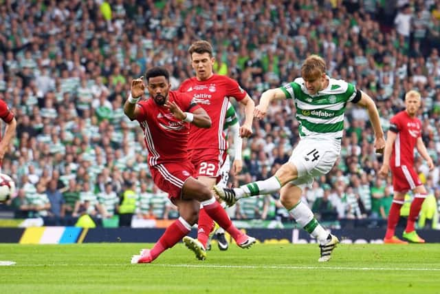 Stuart Armstrong equalises for Celtic at Hampden park. Pic: SNS/Alan Harvey