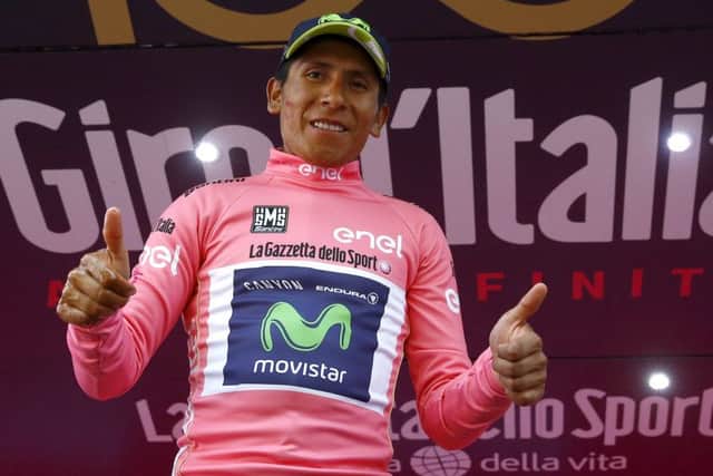 Colombian cyclist Nairo Quintana celebrates his overall leader pink jersey after the 20th stage of 100th Giro d'Italia. Picture: Getty Images