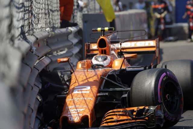 McLaren driver Stoffel Vandoorne of Belgium crashes into a wall during the qualification at the Monaco Grand Prix. Picture: AP