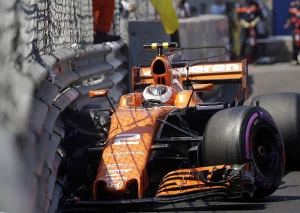 McLaren driver Stoffel Vandoorne of Belgium crashes into a wall during the qualification at the Monaco Grand Prix. Picture: AP
