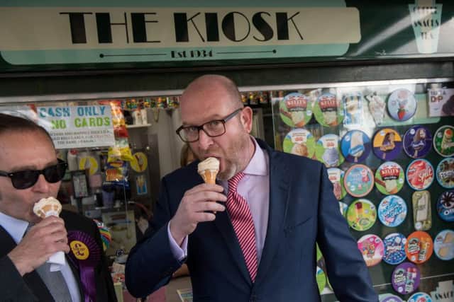 Ukip leader Paul Nuttall tucks into an ice cream, as most polls showed Ukip 'unchanged'. Picture: Getty Images