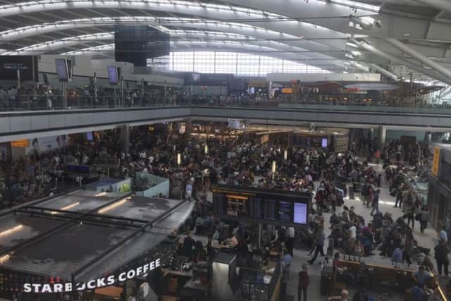A view of Terminal 5 departure lounge, at London's Heathrow airport after flights were cancelled. Picture: Emily Puddifer/AP