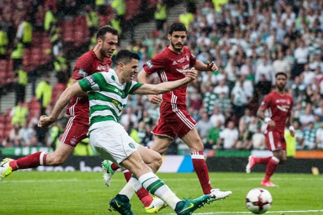Tom Rogic scores Celtic's late winner against Aberdeen. Picture: John Devlin