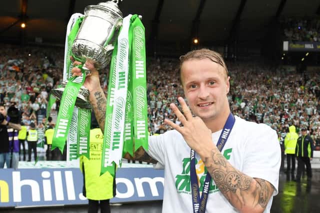 Leigh Griffiths celebrates Celtics treble in front of the jubilant fans at Hampden Park on Saturday. Picture: Alan Harvey/SNS