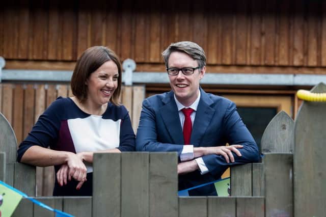 Scottish Labour leader Kezia Dugdale and Inverclyde candidate Martin McCluskey visit a nursery while on the campaign trail in Greenock on Tuesday. Picture: John Devlin/TSPL