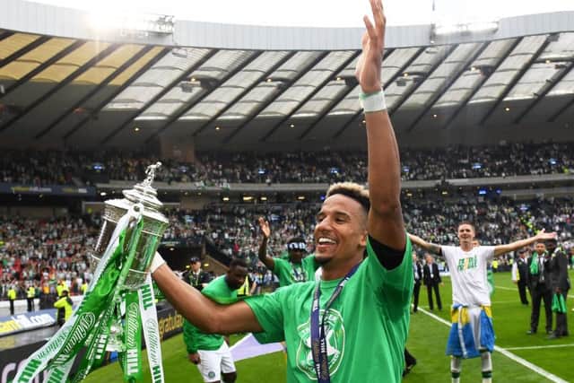 Scott Sinclair celebrates after Celtic's 2-1 cup final win completed the treble. Picture: Alan Harvey/SNS