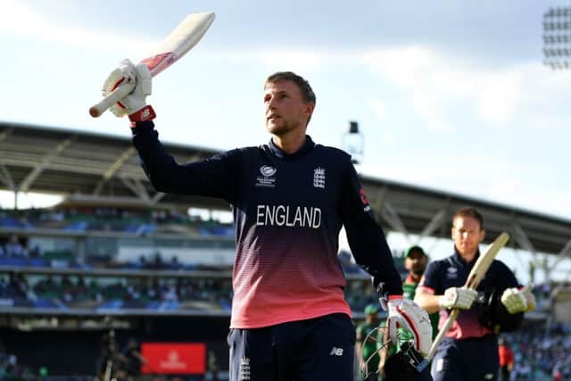 England centurion Joe Root salutes the crowd at The Oval after securing victory over Bangladesh. Picture: Gareth Copley/Getty Images