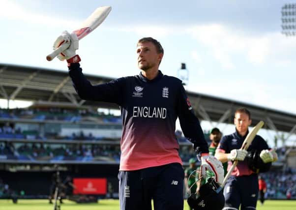 England centurion Joe Root salutes the crowd at The Oval after securing victory over Bangladesh. Picture: Gareth Copley/Getty Images
