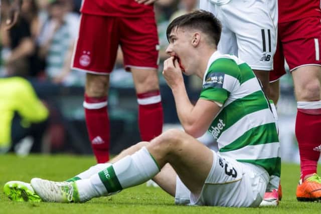 Celtic's Kieran Tierney nurses his mouth after the cup final incident. Picture: Alan Harvey/SNS