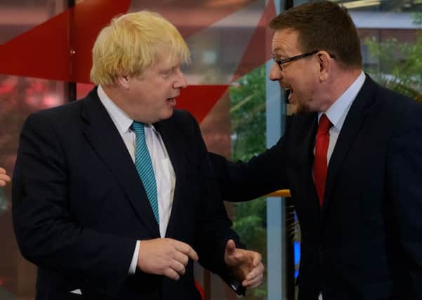 Foreign Secretary Boris Johnson (left) and Labour MP Andrew Gwynne being interviewed on live television before the Sky News leaders' event. Picture: Stefan Rousseau/PA Wire